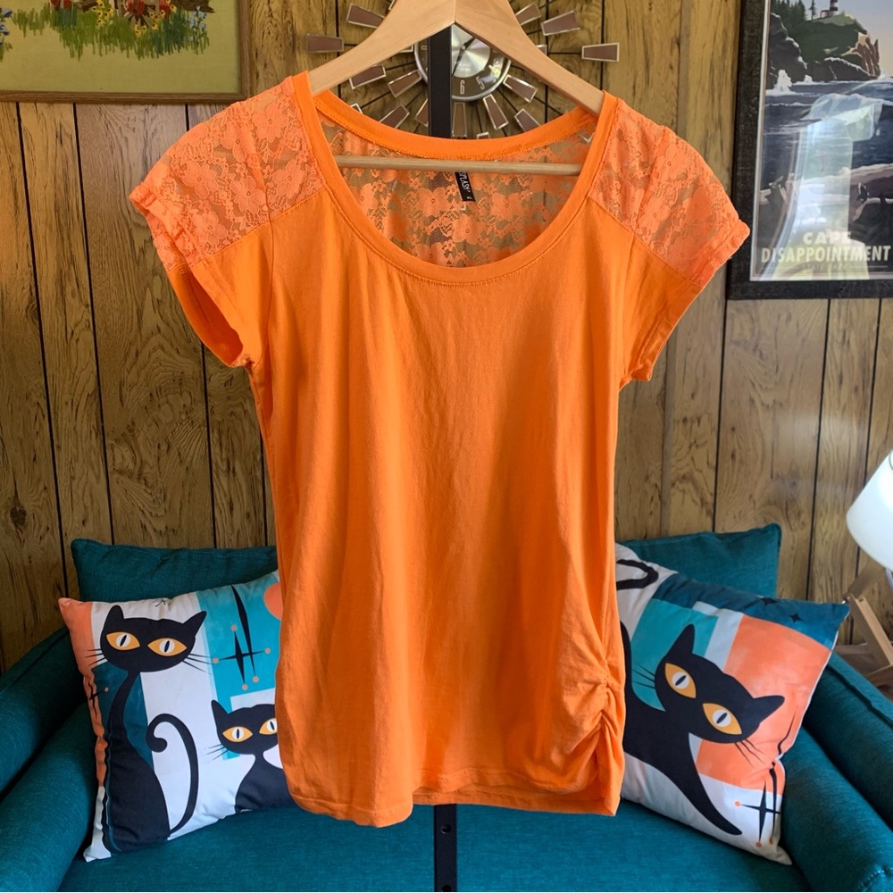 Orange Lace Ruched Tee